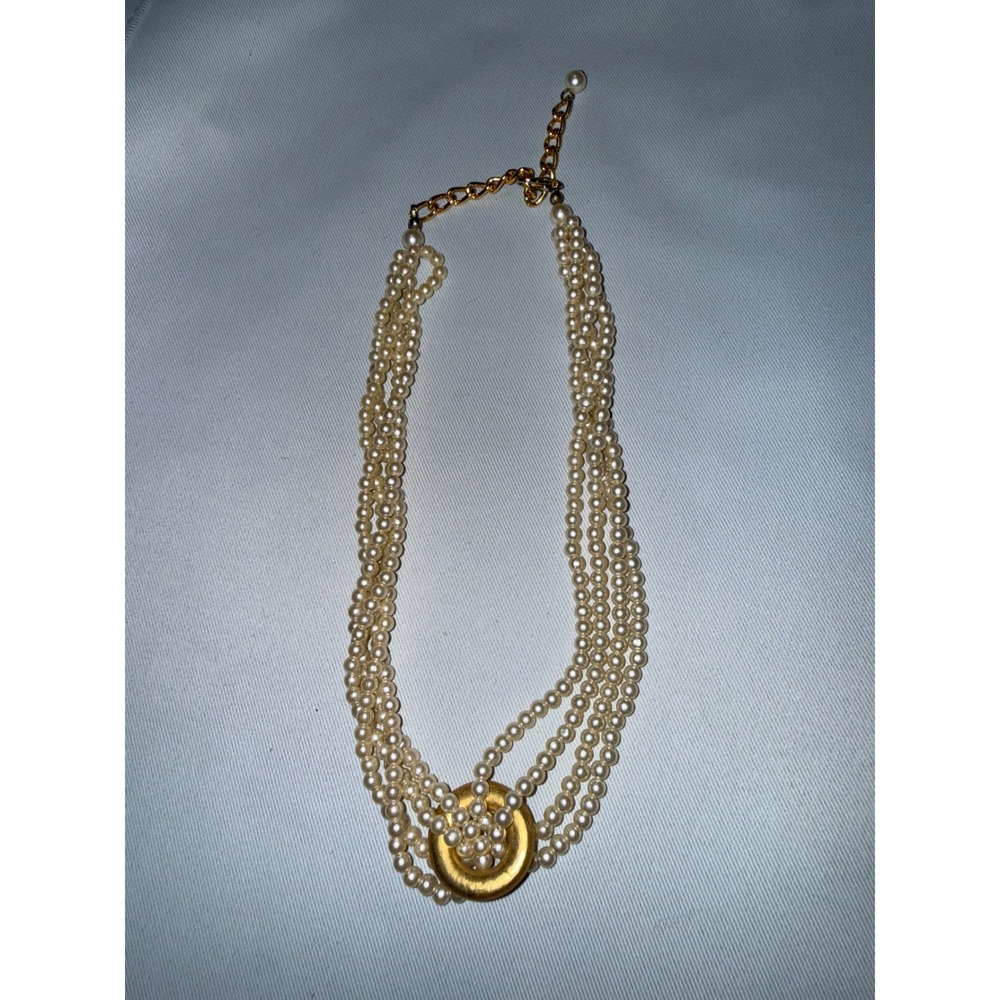 Vintage Multi Strand Faux Pearl Necklace Gold Ring Pendant Cream Layered Choker
